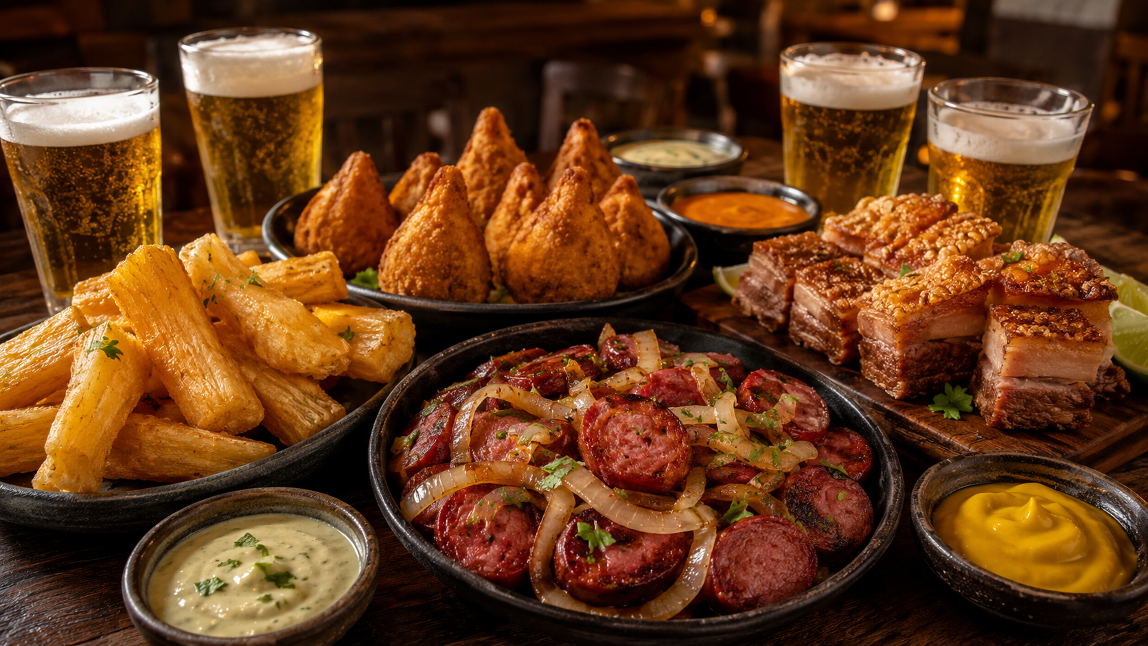 Mesa com porções variadas de boteco